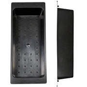 Nantucket Sinks PR3322PS-BL included black plastic colander, top and side views