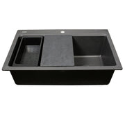 Nantucket Sinks PR3322PS-BL black workstation sink front view with colander and board on the ledge