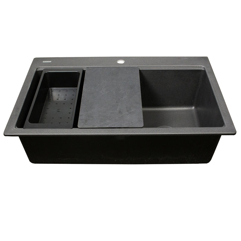 Nantucket Sinks PR3322PS-BL black workstation sink front view with colander and board on the ledge