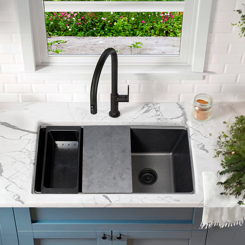 Nantucket Sinks PR3322PS-BL black workstation sink under a window with a matte black faucet
