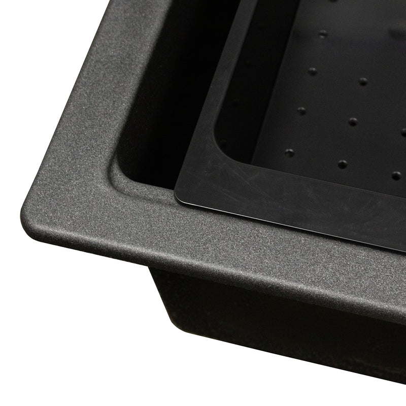 Nantucket Sinks PR3322PS-BL close-up of the black granite ledge and colander edge