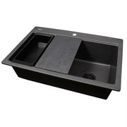 Nantucket Sinks PR3322PS-BL black granite 33" workstation sink with colander and cutting board, white background