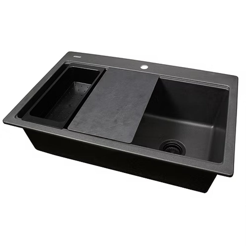 Nantucket Sinks PR3322PS-BL black granite 33" workstation sink with colander and cutting board, white background