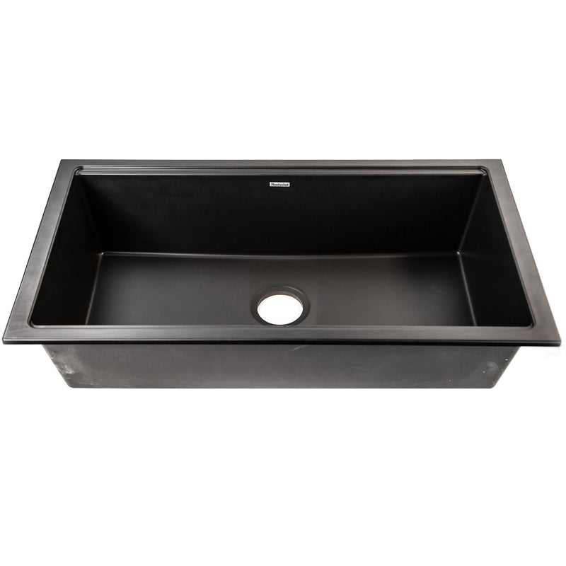 Nantucket Sinks PR3419-NBL-UM black workstation sink front view showing the ledge and bowl depth