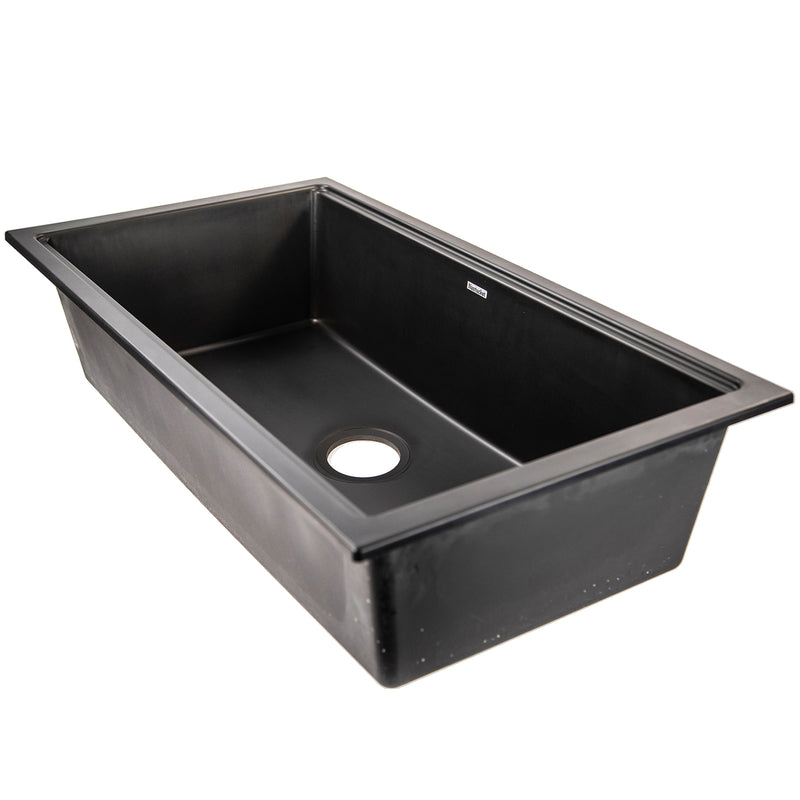 Nantucket Sinks PR3419-NBL-UM black granite workstation undermount kitchen sink, three-quarter view, white background