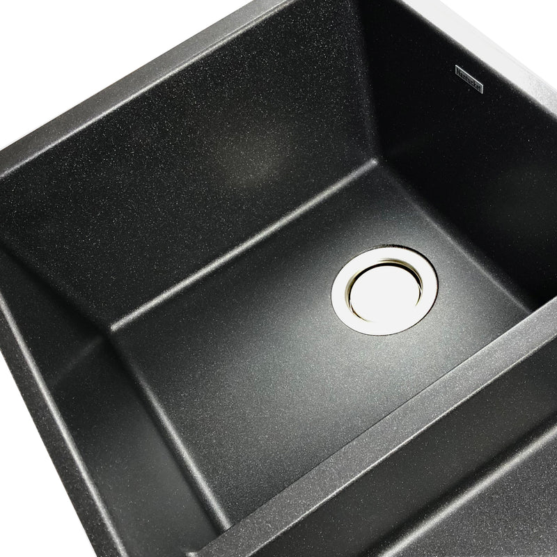 Nantucket Sinks PR5050-LDBL close-up of the stainless drain and black flecked granite bowl