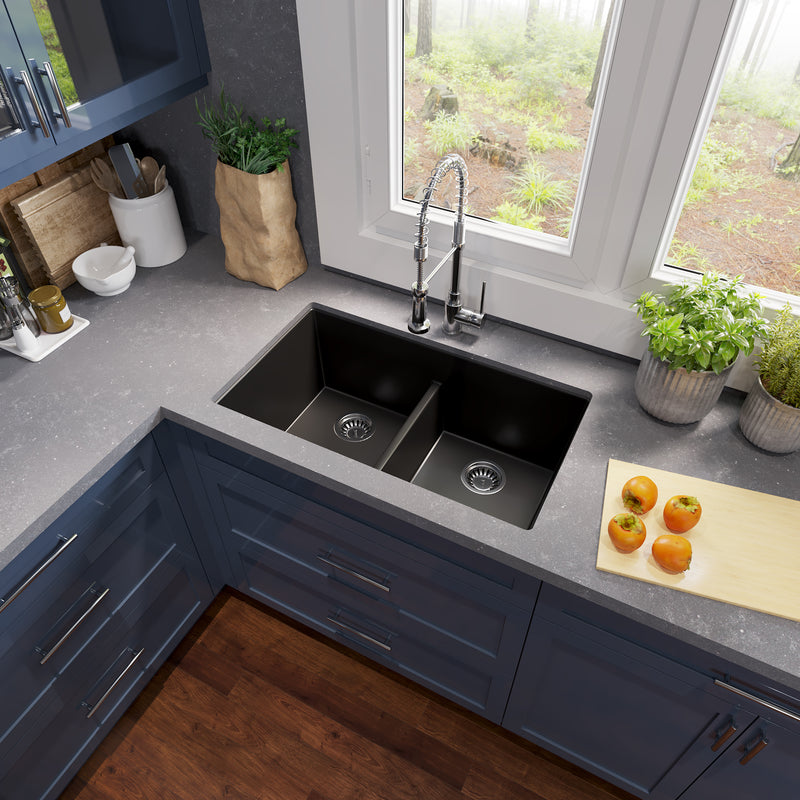 Nantucket Sinks PR5050-LDBL black double bowl sink undermounted in a gray corner counter