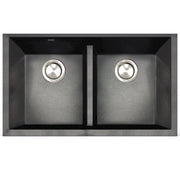Nantucket Sinks PR5050-LDBL black double bowl undermount sink from above with two stainless drains and low divider