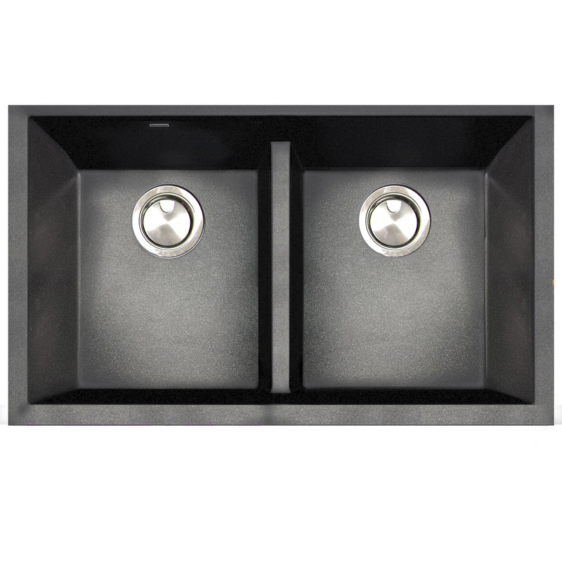 Nantucket Sinks PR5050-LDBL black double bowl undermount sink from above with two stainless drains and low divider