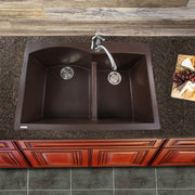Nantucket Sinks PR6040-BR brown double bowl sink drop-in mounted in a granite counter with a gooseneck faucet