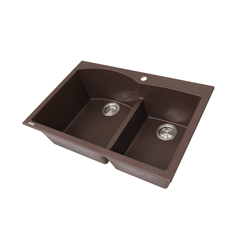 Nantucket Sinks PR6040-BR brown granite 60/40 double bowl dual-mount kitchen sink, three-quarter view, white background