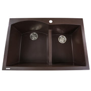 Nantucket Sinks PR6040-BR brown 60/40 double bowl sink from above with faucet hole and two stainless drains