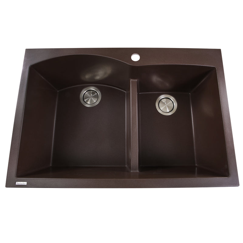 Nantucket Sinks PR6040-BR brown 60/40 double bowl sink from above with faucet hole and two stainless drains