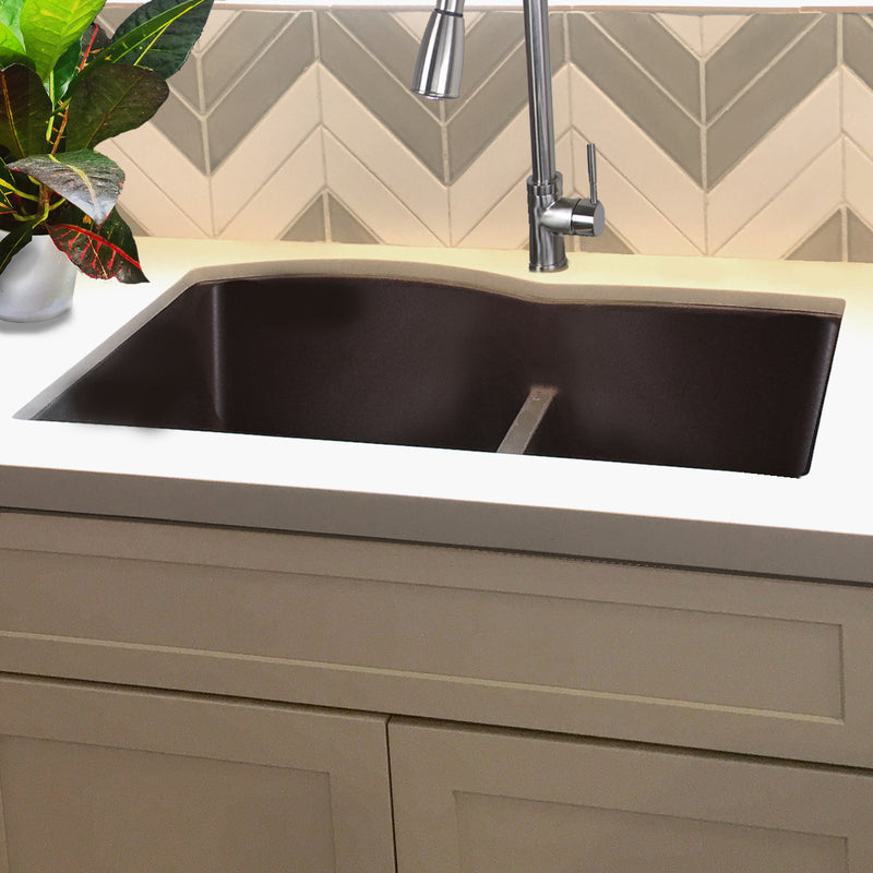 Nantucket Sinks PR6040-BR brown double bowl sink undermounted in a white counter with a pull-down faucet
