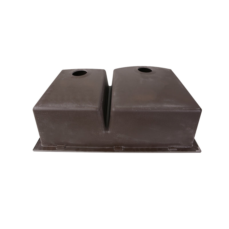 Nantucket Sinks PR6040-BR underside of the brown granite double bowl sink with both drain openings