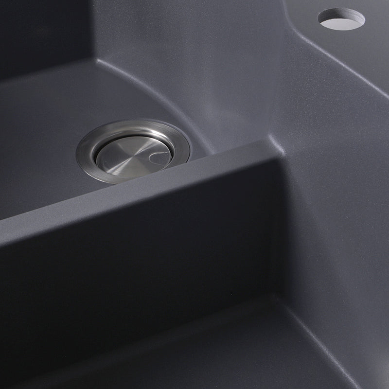 Nantucket Sinks PR6040-TI close-up of the stainless drain and low divide in the titanium granite bowl