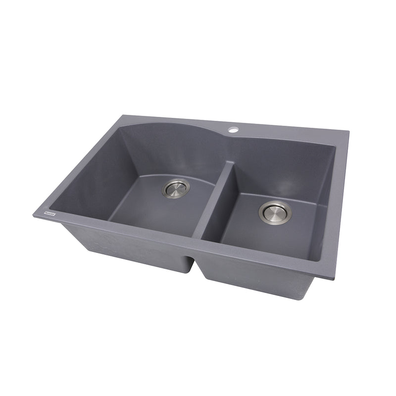 Nantucket Sinks PR6040-TI titanium granite 60/40 double bowl dual-mount kitchen sink, three-quarter view, white background