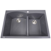 Nantucket Sinks PR6040-TI titanium 60/40 double bowl sink from above with faucet hole and two stainless drains