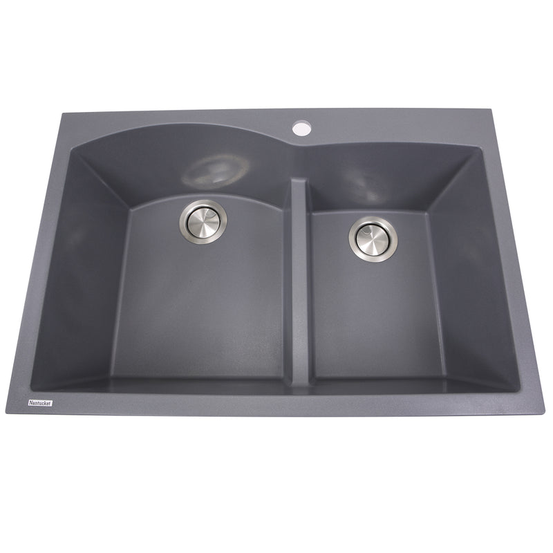 Nantucket Sinks PR6040-TI titanium 60/40 double bowl sink from above with faucet hole and two stainless drains