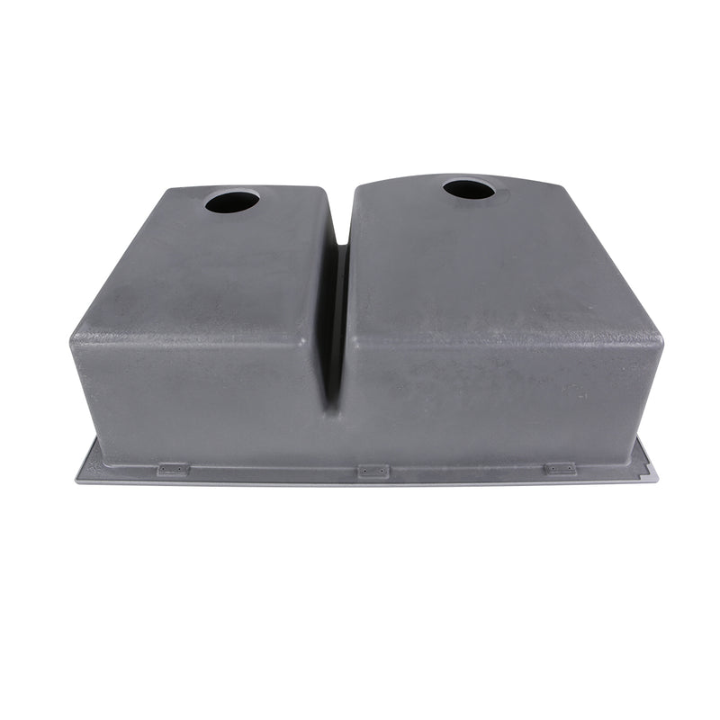 Nantucket Sinks PR6040-TI underside of the titanium granite double bowl sink with both drain openings