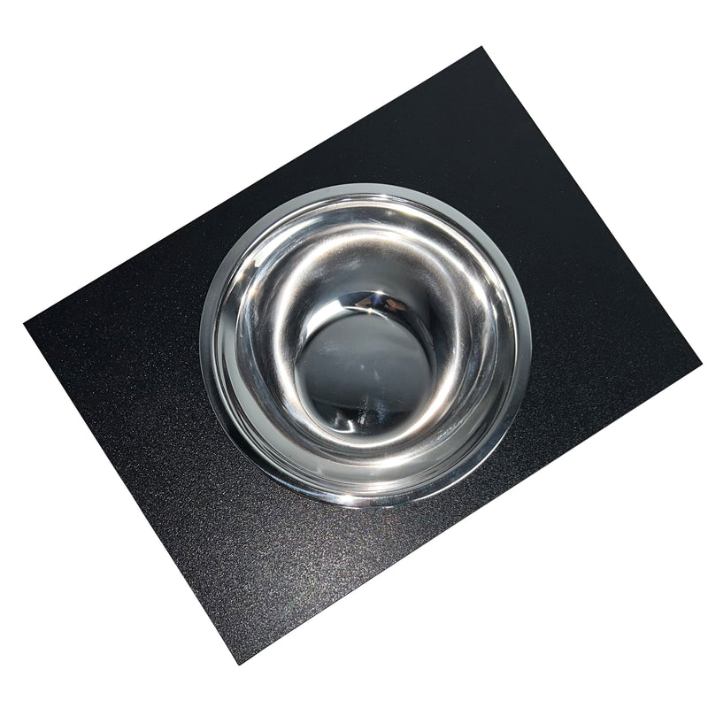Nantucket Sinks PS20B-RD1 stainless serving bowl set in the black board cutout, angled top view