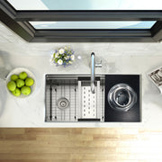 Nantucket Sinks PS20B-RD1 board with bowl on a stainless prep station sink beside the colander, top view