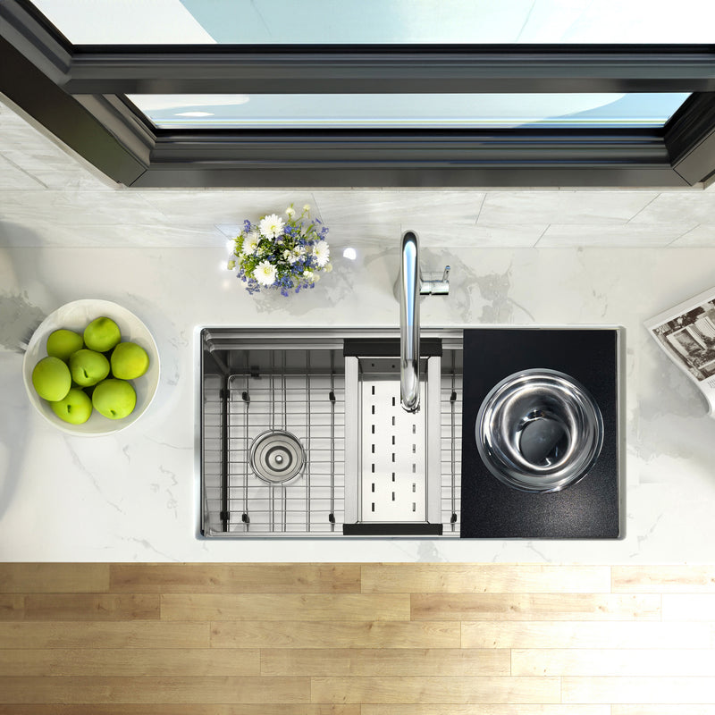 Nantucket Sinks PS20B-RD1 board with bowl on a stainless prep station sink beside the colander, top view