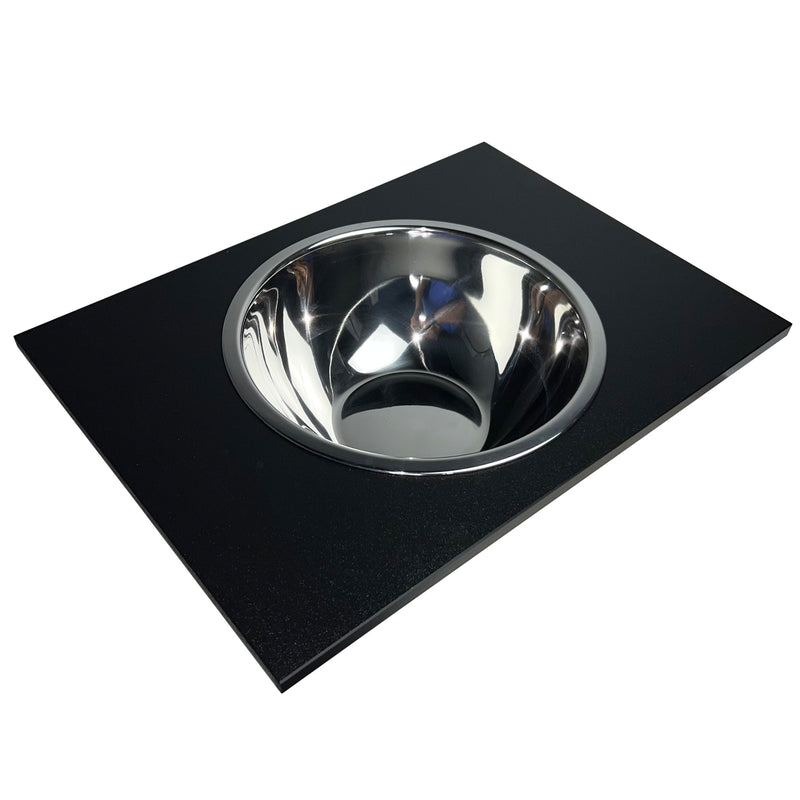 Nantucket Sinks PS20B-RD1 black board with the stainless bowl seated, low three-quarter view