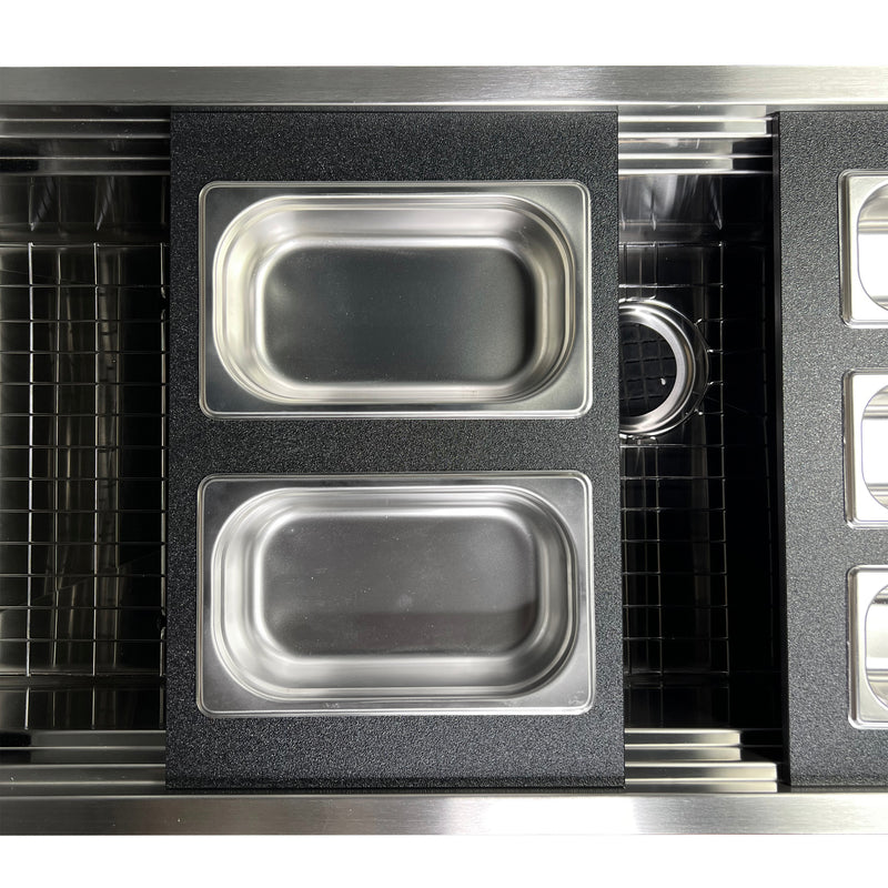 Nantucket Sinks PS20B-REC2 two-bin tray resting across the ledges of a stainless prep station sink