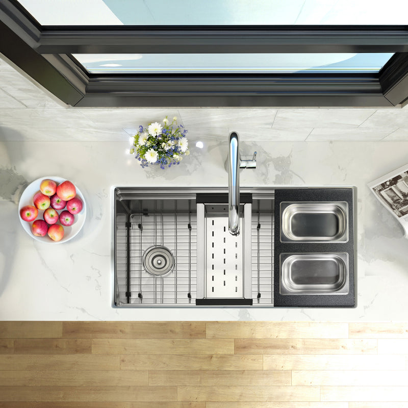 Nantucket Sinks PS20B-REC2 two-bin tray on a stainless prep station sink beside the colander, top view