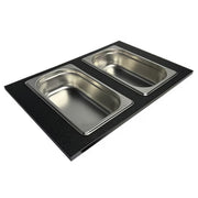 Nantucket Sinks PS20B-REC2 black HDPE condiment tray with two rectangular stainless bins, white background