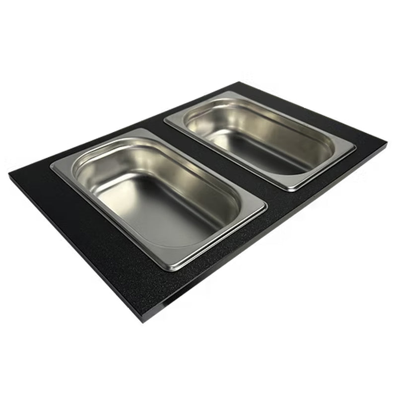 Nantucket Sinks PS20B-REC2 black HDPE condiment tray with two rectangular stainless bins, white background