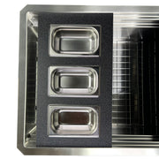 Nantucket Sinks PS20B-REC3 three-bin tray resting across the ledges of a stainless prep station sink