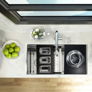 Nantucket Sinks PS20B-REC3 three-bin tray beside a bowl server on a prep station sink, top view