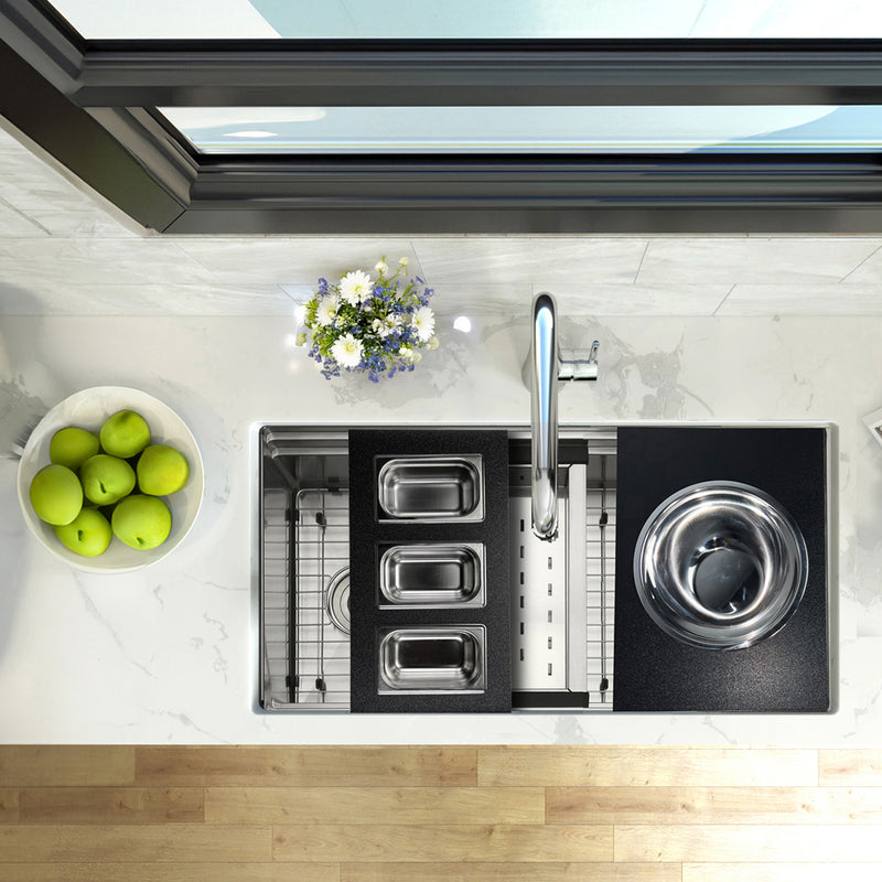 Nantucket Sinks PS20B-REC3 three-bin tray beside a bowl server on a prep station sink, top view