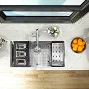 Nantucket Sinks PS20B-REC3 three-bin tray beside the colander on a prep station sink, top view