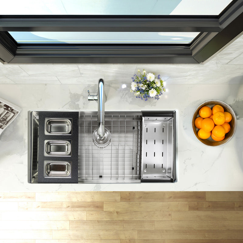 Nantucket Sinks PS20B-REC3 three-bin tray beside the colander on a prep station sink, top view