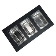 Nantucket Sinks PS20B-REC3 black HDPE condiment tray with three rectangular stainless bins, white background
