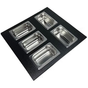 Nantucket Sinks PS20B-REC5 black HDPE condiment tray with five rectangular stainless bins, white background