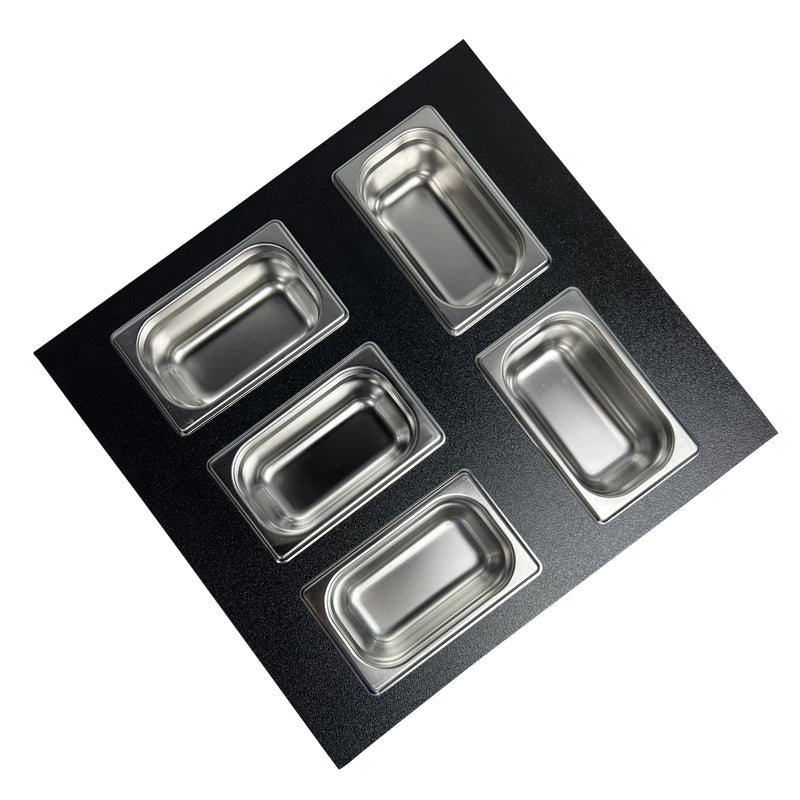 Nantucket Sinks PS20B-REC5 five-bin condiment tray rotated, angled view, white background