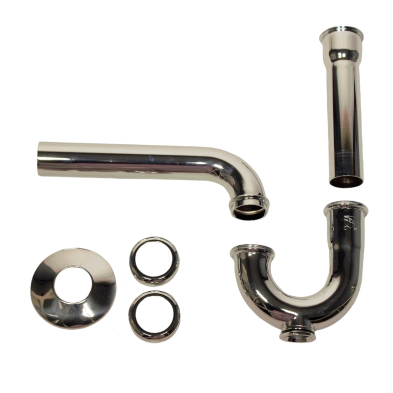 Nantucket Sinks PT-CP chrome P-trap parts laid out: trap, wall arm, tailpipe, escutcheon and slip nuts