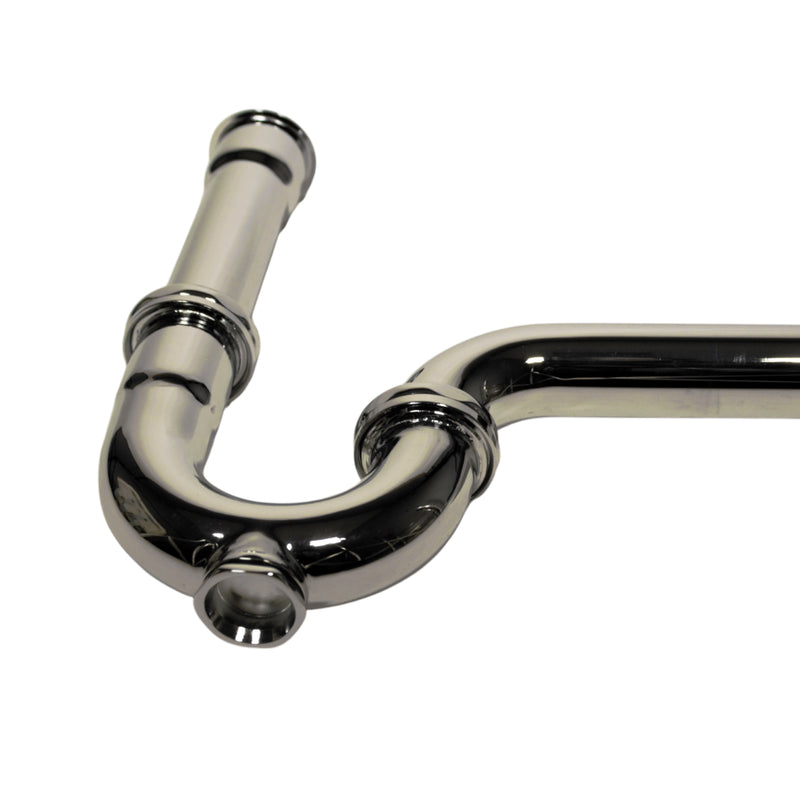 Nantucket Sinks PT-CP chrome P-trap three-quarter view showing the U-bend and cleanout