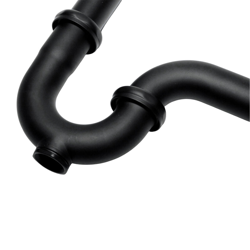 Nantucket Sinks PT-MBL close-up of the matte black trap bend, slip nuts and cleanout