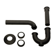 Nantucket Sinks PT-MBL matte black P-trap parts laid out: trap, wall arm, tailpipe, escutcheon and slip nuts