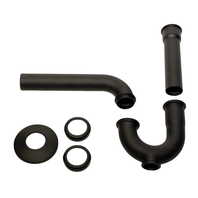 Nantucket Sinks PT-MBL matte black P-trap parts laid out: trap, wall arm, tailpipe, escutcheon and slip nuts