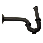Nantucket Sinks PT-MBL matte black decorative brass P-trap with wall escutcheon and tailpipe, side view, white background