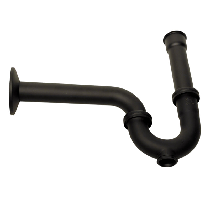 Nantucket Sinks PT-MBL matte black decorative brass P-trap with wall escutcheon and tailpipe, side view, white background