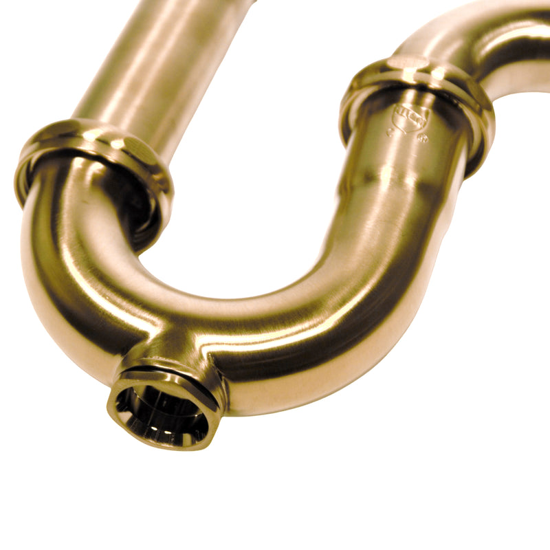 Nantucket Sinks PT-SB close-up of the satin brass trap bend and slip-nut joints