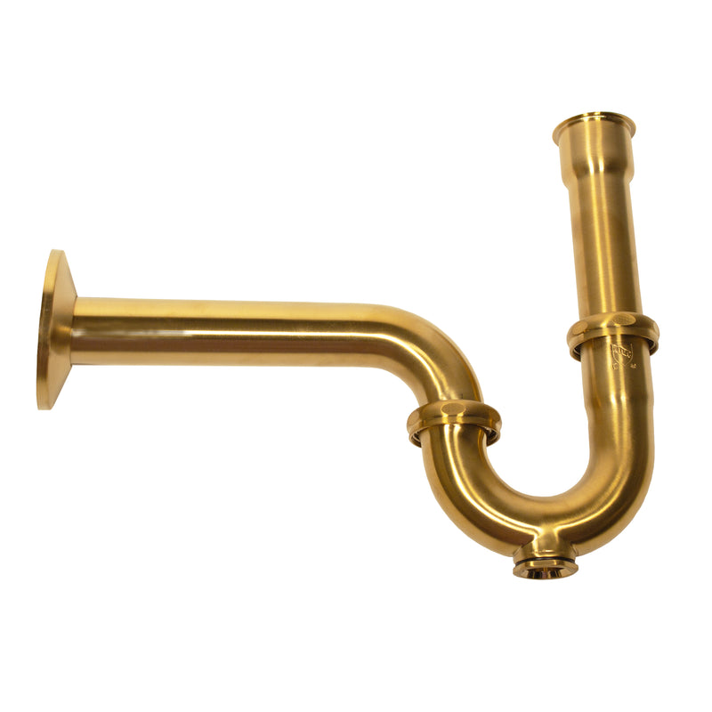 Nantucket Sinks PT-SB satin brass decorative P-trap with wall escutcheon and tailpipe, side view, white background