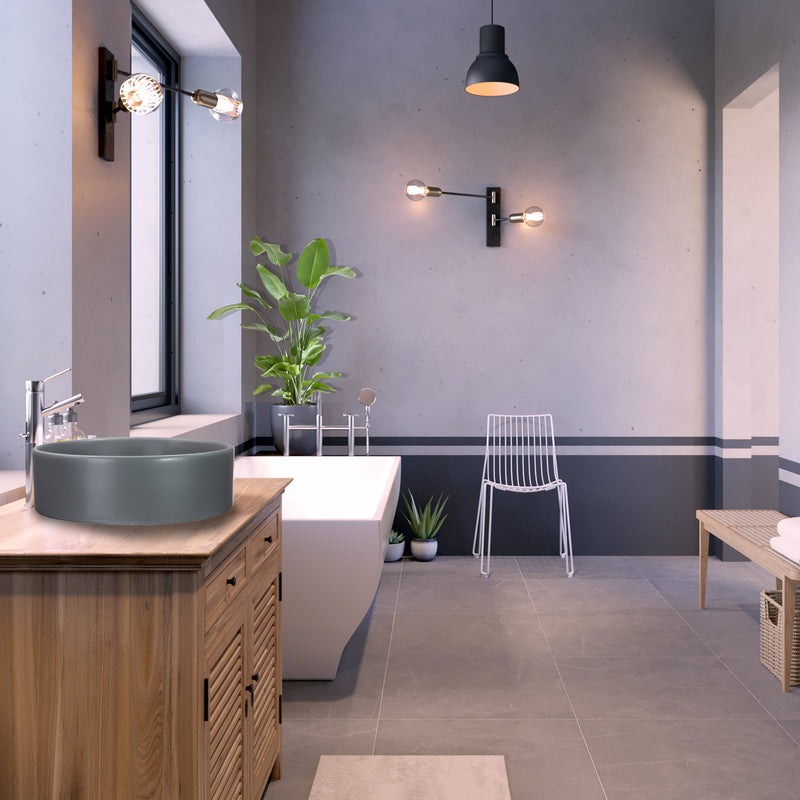 Nantucket Sinks RC4011C Matte Concrete vessel sink on a wood vanity in a grey bathroom